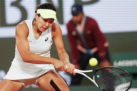 Moyuka Uchijima plays a shot against Sabalenka